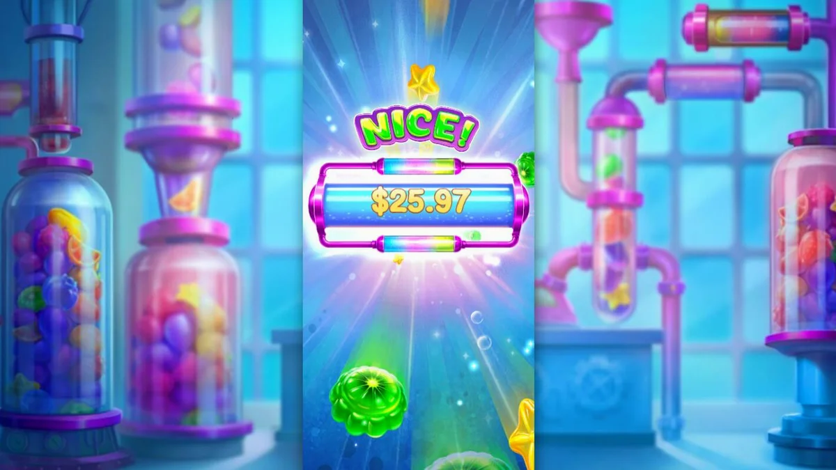 Tampilan antarmuka slot Sweet Burst dengan tema laboratorium permen futuristik