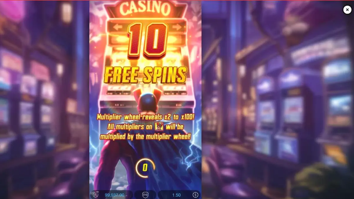 Tampilan visual slot Super Wildrix dengan nuansa neon dan pahlawan super
