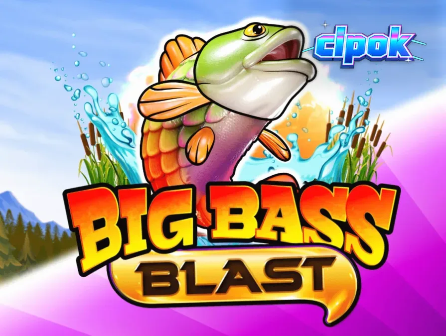 Tampilan layar permainan slot Big Bass Blast dengan elemen futuristik dan simbol memancing.