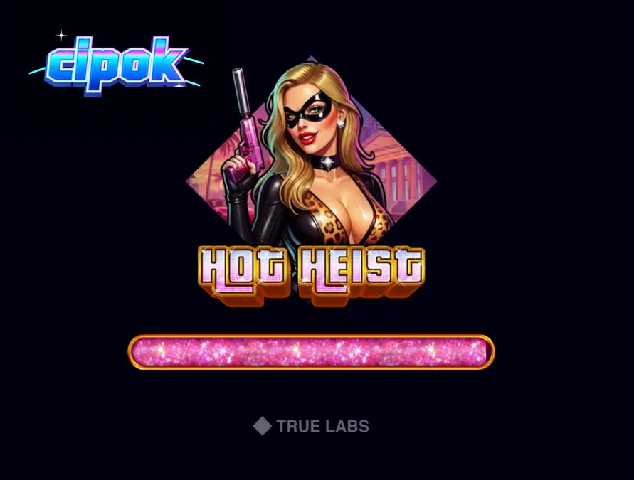 Tampilan visual slot Hot Heist dengan tema neon dan elemen perampokan